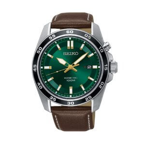 Seiko Kinetic - Herreur i stål m. brun læderrem og grøn skive 42mm