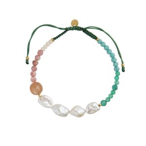 Stine A POWDER FALL BRACELET WITH STONES AND PEARLS AND PINE GREEN RIBBON armbånd