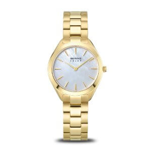 Bering Solar dameur - guld PVD belægning - hvid perlemor skive - 30 mm