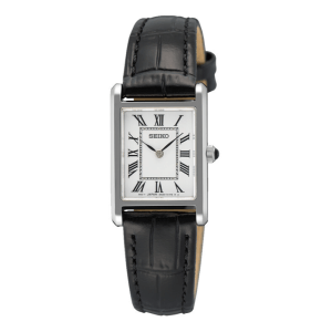 SEIKO CLASSIC - Dameur m. firkantet urkasse i stål og sort læderrem 20mm