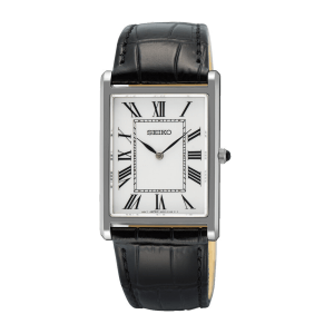 SEIKO CLASSIC - Herreur m. firkantet urkasse i rustfrit stål og sort læderrem 27mm