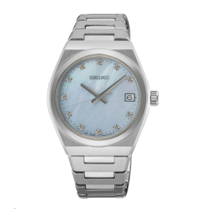 SEIKO CLASSIC – Dameur i stål m. lyseblå perlemor skive 34mm